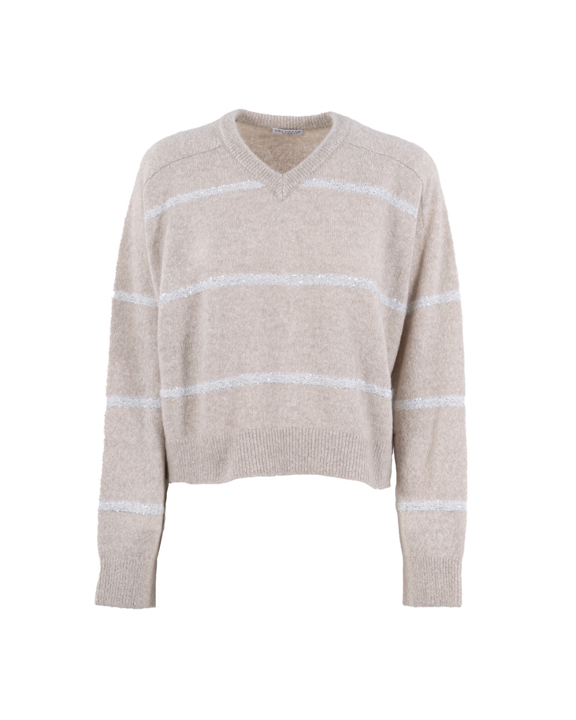 shop BRUNELLO CUCINELLI Saldi Pull: Brunello Cucinelli maglione con scollo a V a righe e paillettes.
Misto alpaca-cotone.
Design lavorato a maglia.
Maniche con spalle scese.
Orlo e polsini a coste.
Dettaglio a righe
decorazione con paillettes.
Orlo dritto.
Composizione: 37% Lana di alpaca, 30% Cotone, 26% Poliammide.
Fatto in Italia.. MSP710602-CHL22 number 8876854